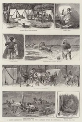 Eine Kaninchenvernichtungs-Expedition am Lachlan River in Australien, eine Überschwemmung im Lager